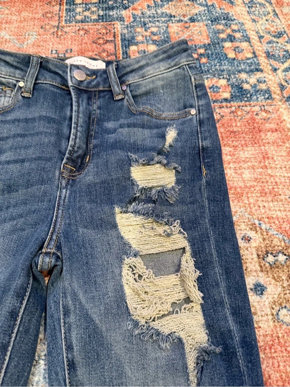 Women's Distressed Dark Blue Flare Jeans